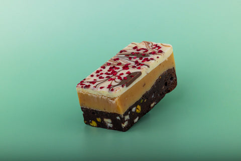 Raspberry White Chocolate and Pistachio Millionaire Brownie