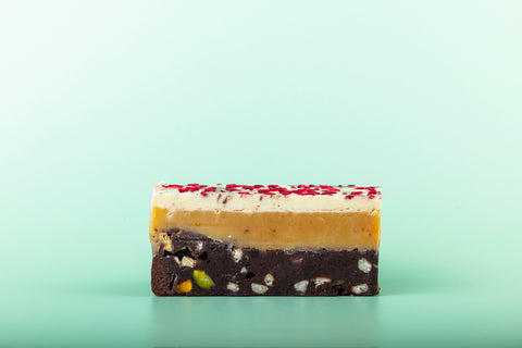 Raspberry White Chocolate and Pistachio Millionaire Brownie