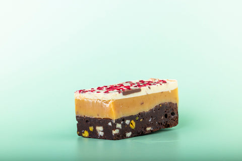 Raspberry White Chocolate and Pistachio Millionaire Brownie