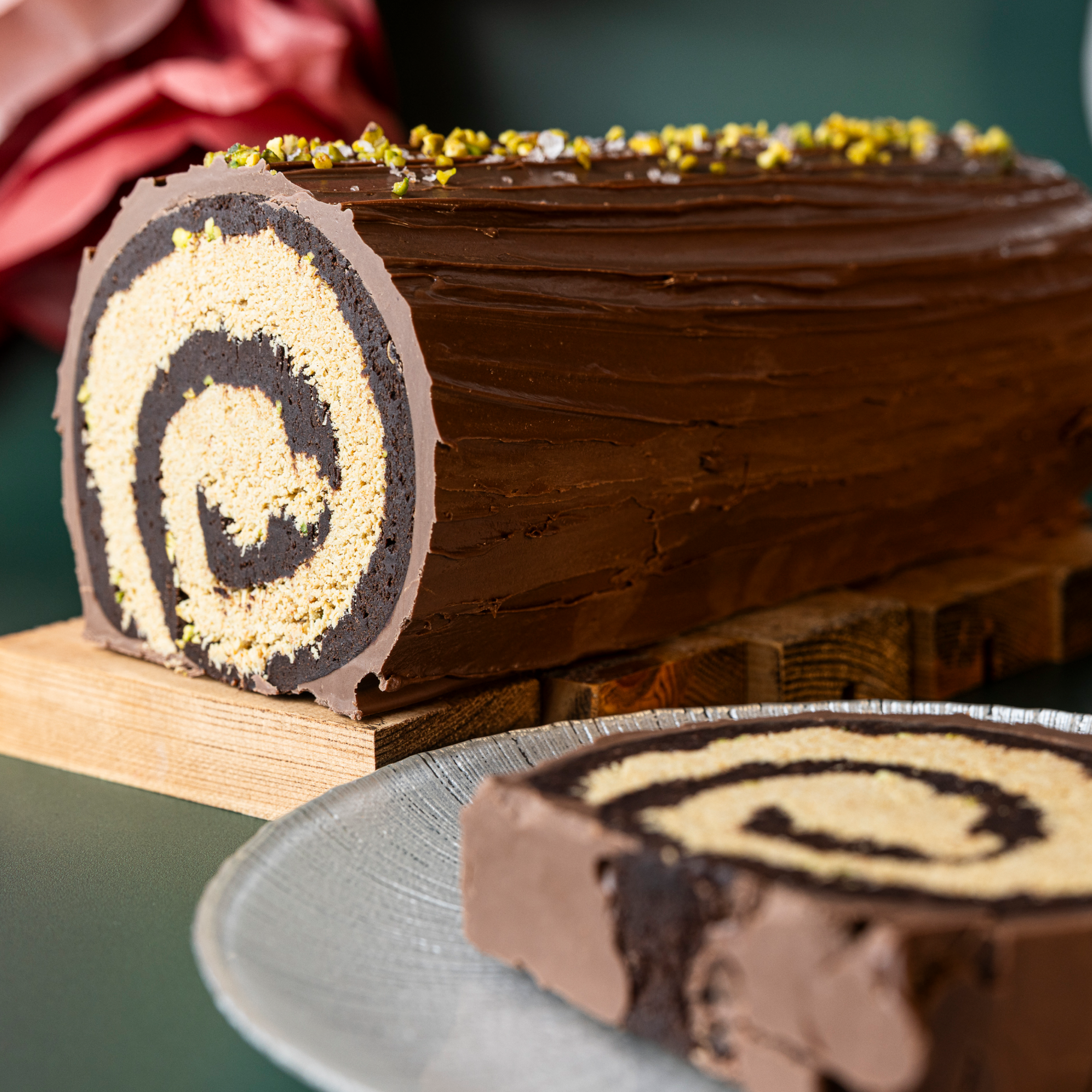Pistachio Kannif Brownie Yule Log