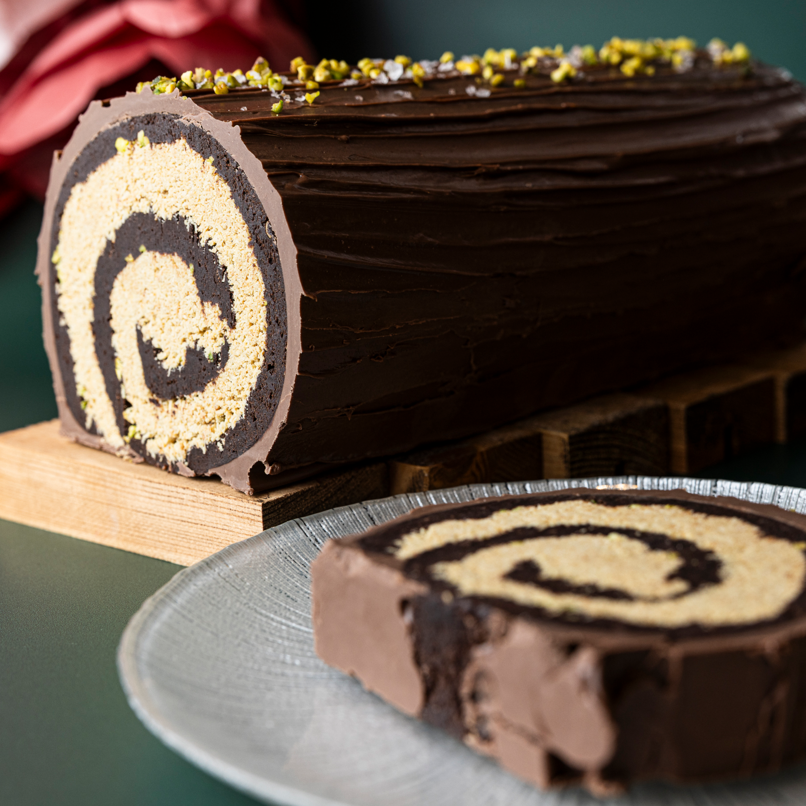 Pistachio Kannif Brownie Yule Log